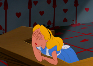 alice in wonderland, face palm, give up, face in hands